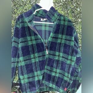 Mens WOOLRICH Green and Black Plaid Fleece Pullover